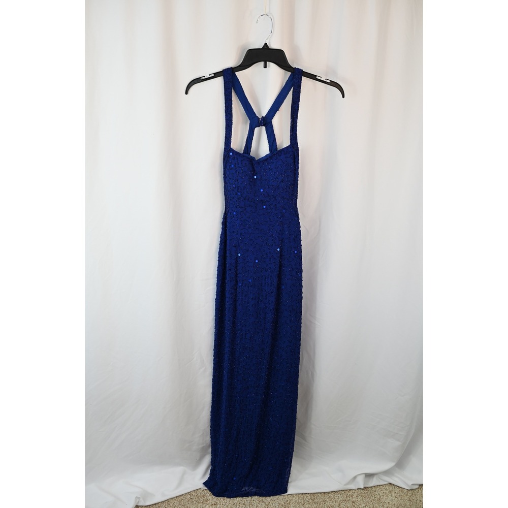 Sean Collection Blue Silk Beaded Sequin Maxi Dress Cross Back Gown India Small